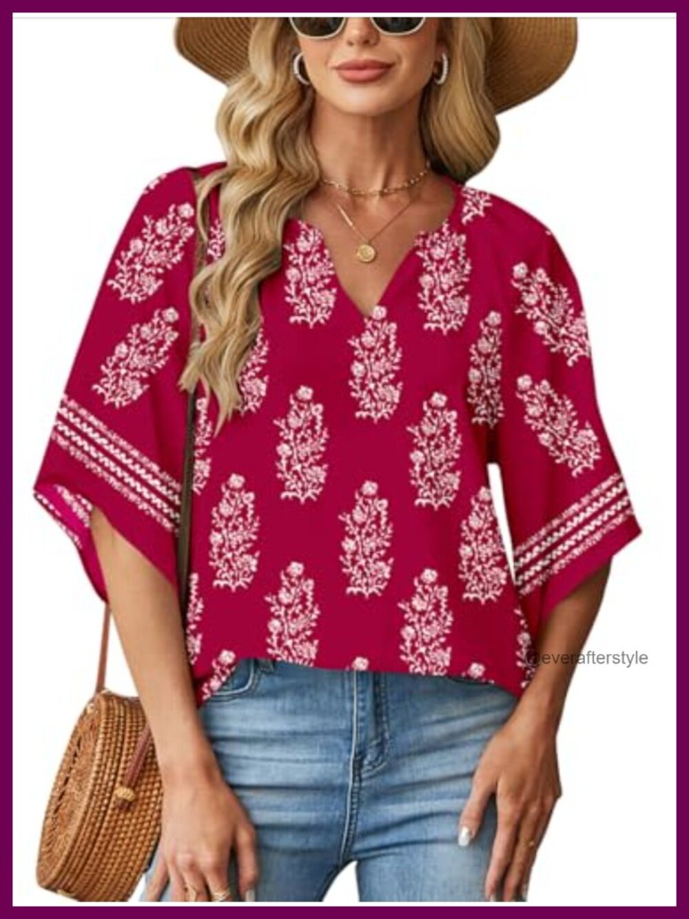Poetsky Womens Boho Tunic Blouse 3/4 Sleeve V Neck Loose Fit Flowy Top